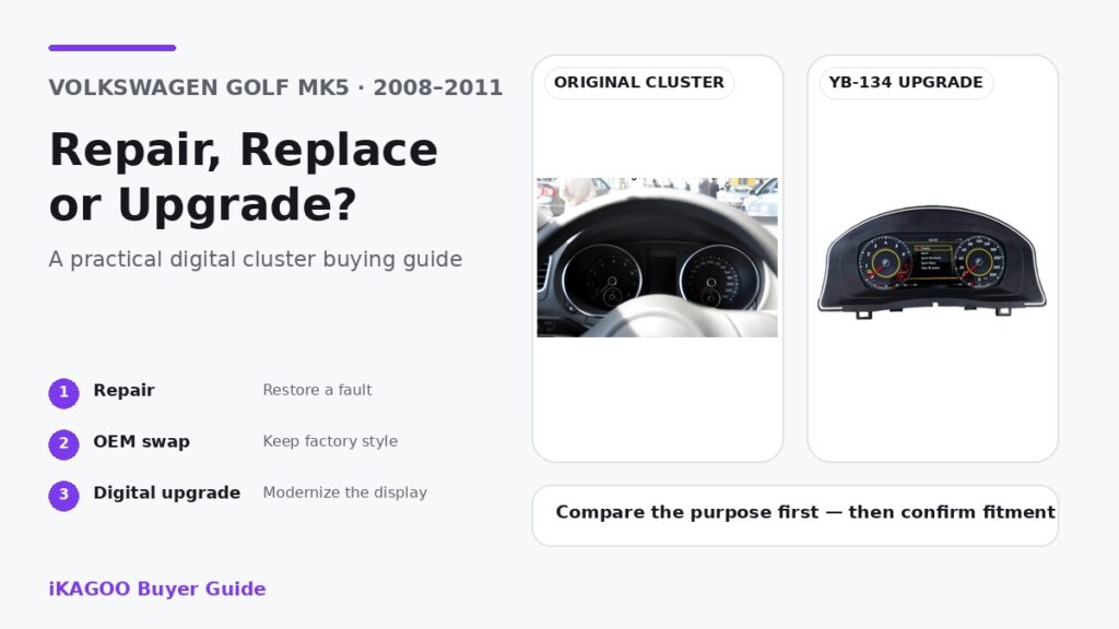 VW Golf MK5 combiné d'instruments d'origine et guide d'achat pour la mise à niveau vers le combiné numérique YB-134