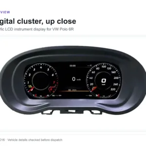 Combiné d'instruments numérique VW Polo 6R présenté dans son boîtier d'origine, vue de face du compteur LCD