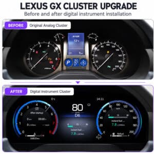 Comparaison avant et après des jauges analogiques d'origine Lexus GX460 et du combiné d'instruments numérique mis à niveau
