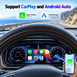 Image promotionnelle illustrant les interfaces de tableau de bord Apple CarPlay et Android Auto sur un combiné numérique Lexus GX460