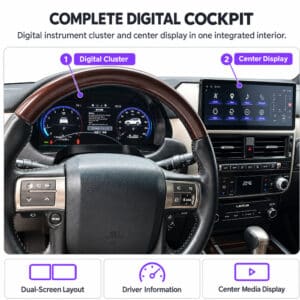 Intérieur Lexus GX460 montrant le combiné d'instruments numérique installé derrière le volant et l'écran central d'infodivertissement