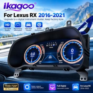 Vue inclinée du combiné d'instruments numérique Lexus RX 2016–2021 montrant des compteurs numériques de style OEM et les informations d'origine du véhicule
