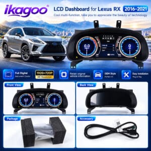 Vues avant et arrière du combiné d'instruments numérique Lexus RX, emballage et câble de connexion