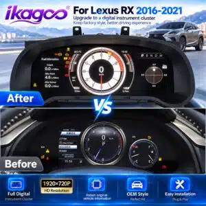 Comparaison avant/après des compteurs du combiné numérique Lexus RX 2016–2021 montrant un tableau de bord de style OEM
